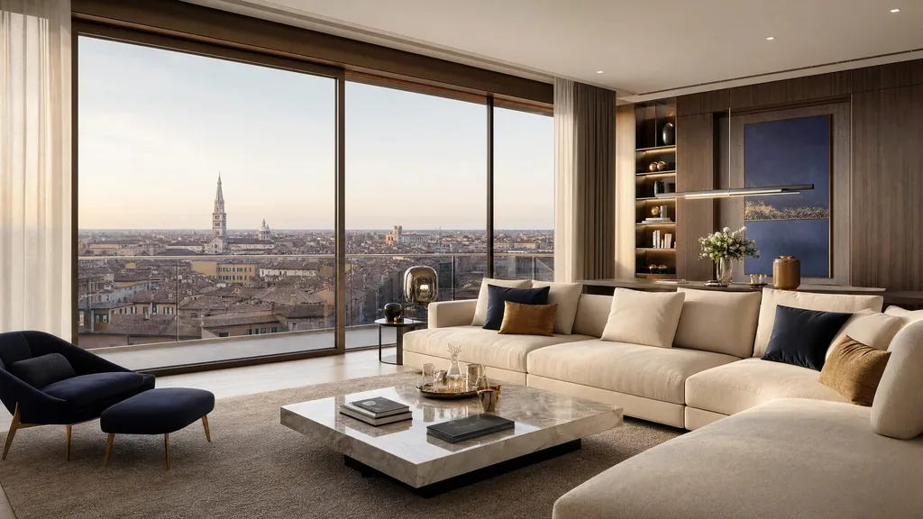 Ristrutturazione chiavi in mano a Modena — living moderno con vista sulla Ghirlandina